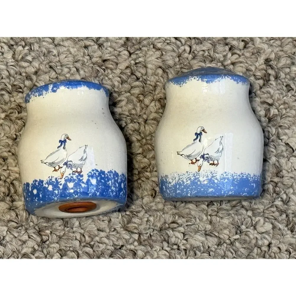 Vintage Blue & White Spongeware Goose Salt and Pepper Shakers
